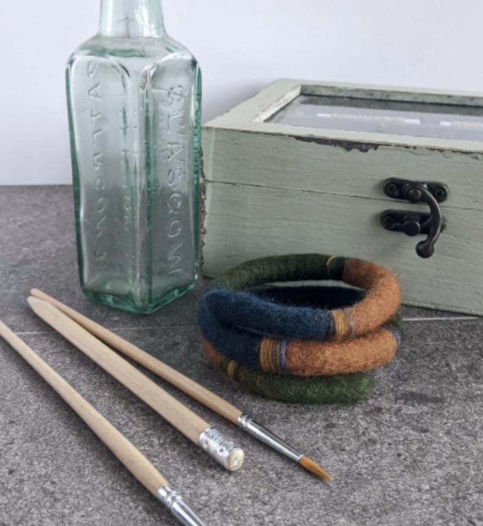 Felted bracelet - moss green, tan and teal