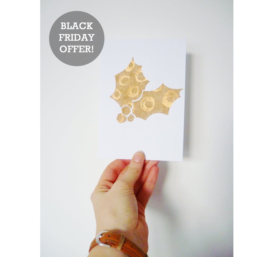 Black Friday Sale - Free Postage - Collaged Holly Leaf Christmas Card
