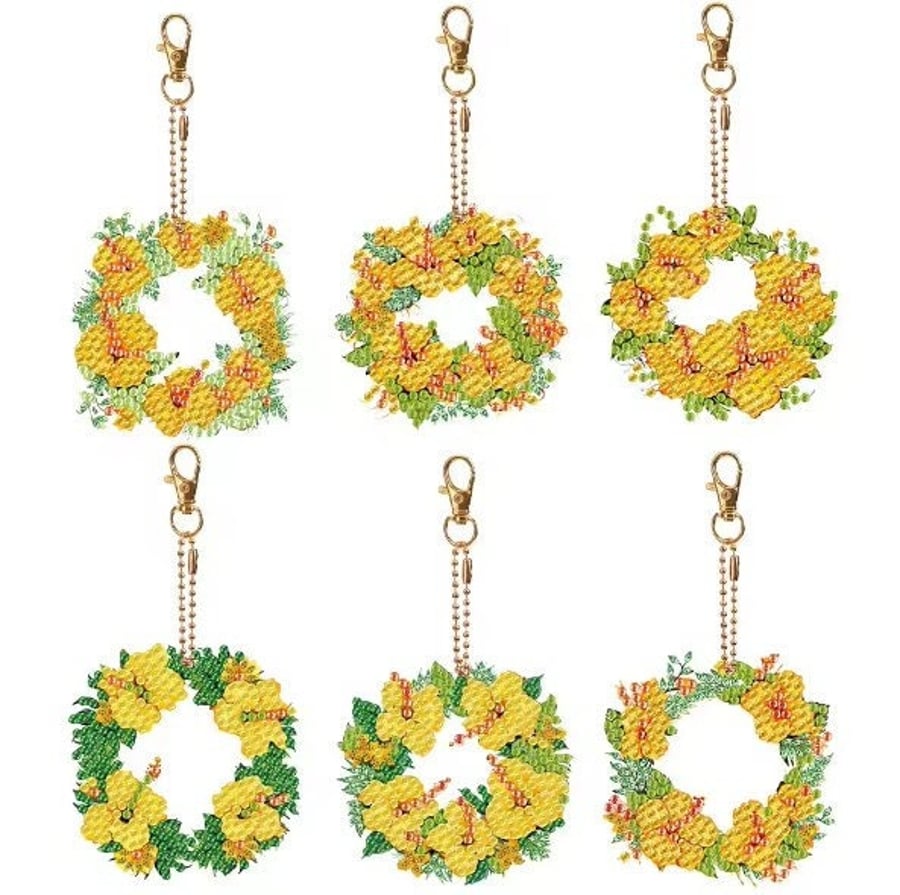 6pcs 5D DIY Yellow Garland Wreaths Diamond Painting Keyrings Keychains Kit Doubl