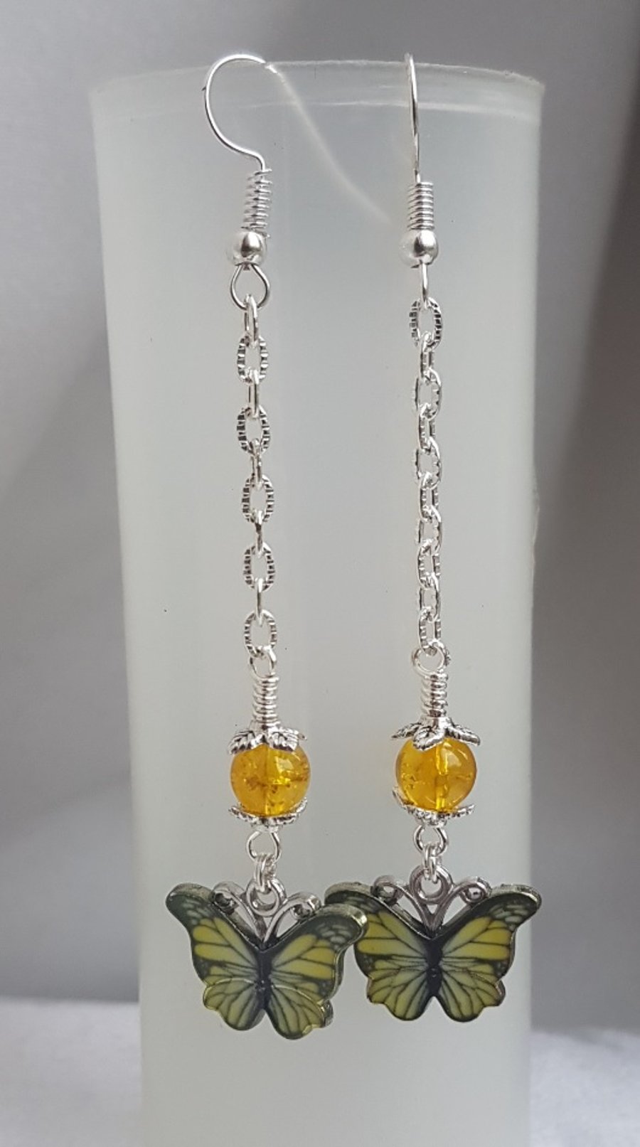 Gorgeous Dangly Yellow Butterfly Earrings - Silver Tones.