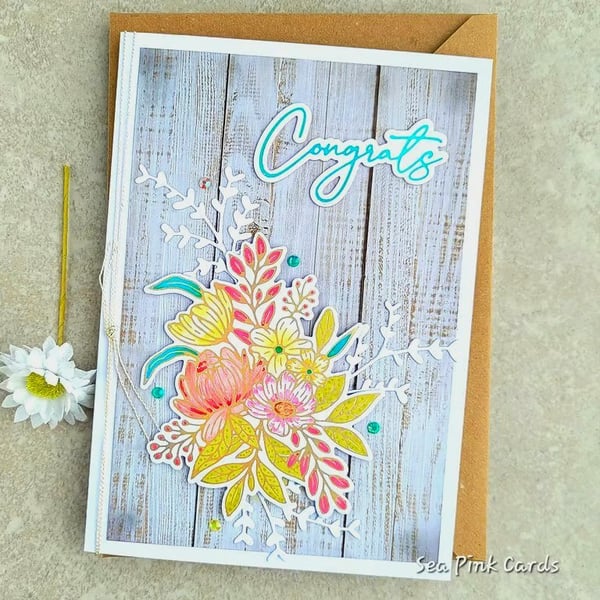 Congratulations Card - floral cards, congrats, wedding card, anniversary, blank