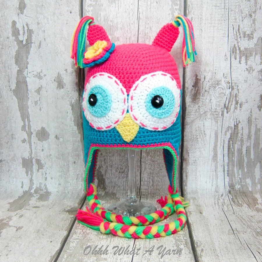 Crochet bright coloured childs owl hat with ear flaps size 3-6 years