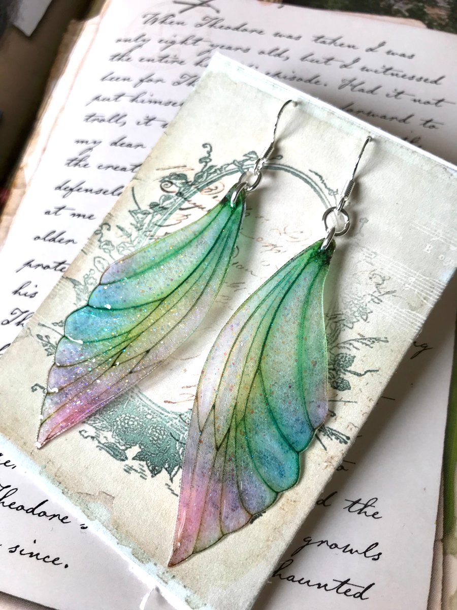 Large Pastel Coloured Sterling Silver Fairy Wing Earrings