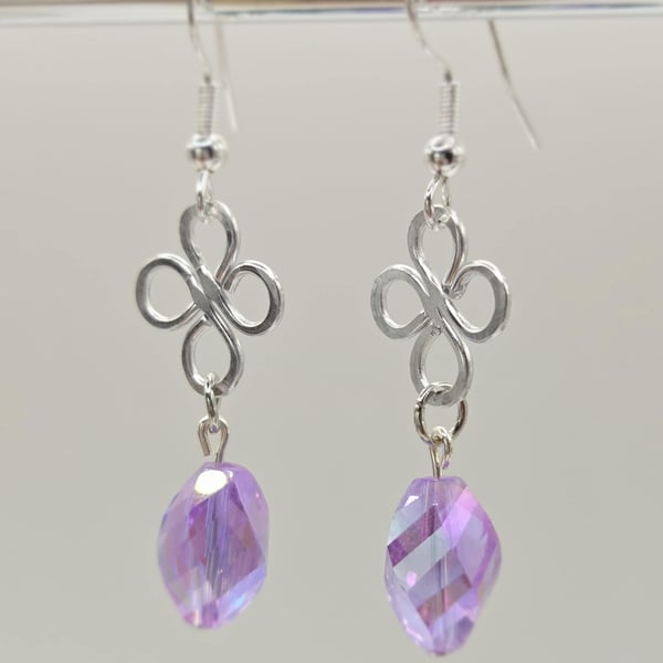 Sterling Silver Clover Dangle Earrings with Faceted Lavender Glass Crystal Beads