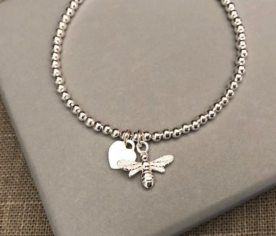 Sterling Silver Bee with Heart Charm Slider Bracelet, Personalised Jewellery