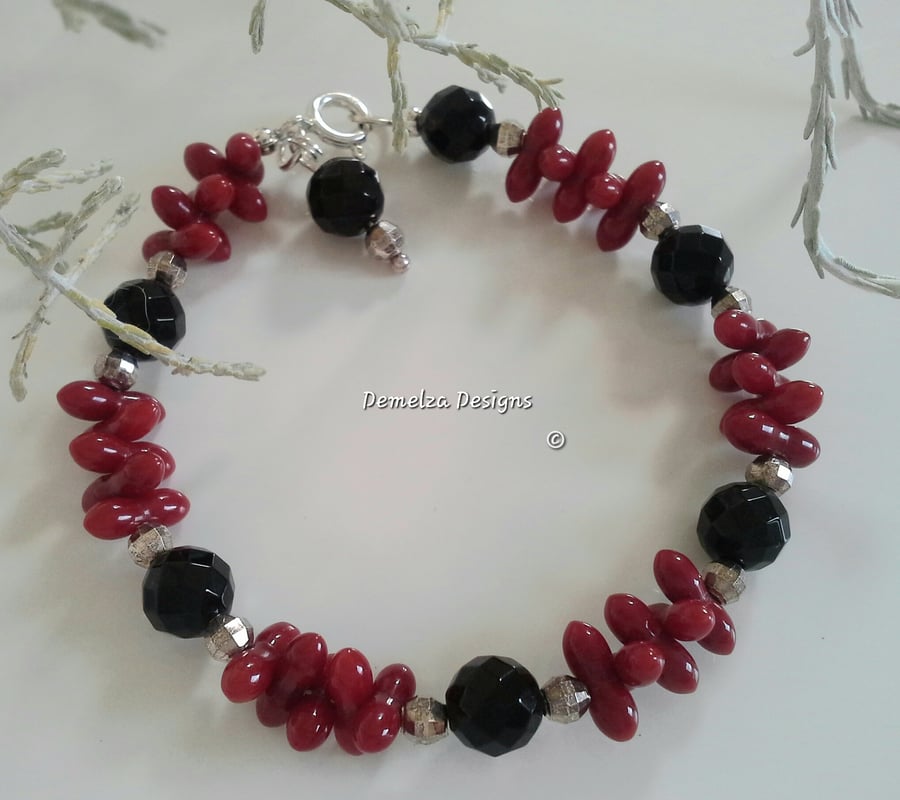 Eco Reclaimed  Dyed Coral & Black Onyx Sterling Silver Bracelet