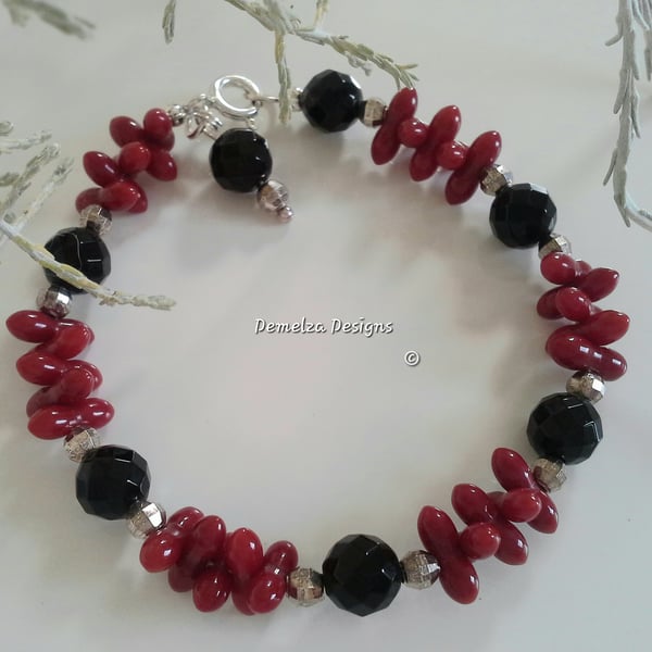 Eco Reclaimed  Dyed Coral & Black Onyx Sterling Silver Bracelet