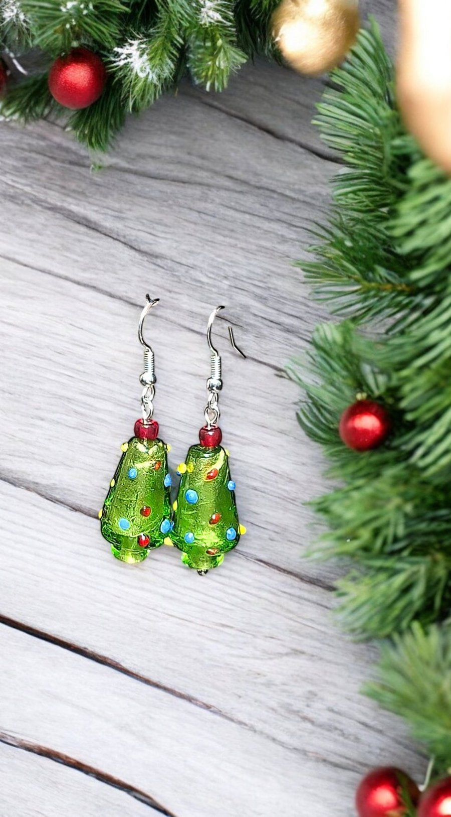 Murano glass Christmas tree earrings, Christmas earrings, festive jewellery, Chr