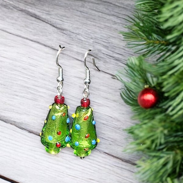 Murano glass Christmas tree earrings, Christmas earrings, festive jewellery, Chr