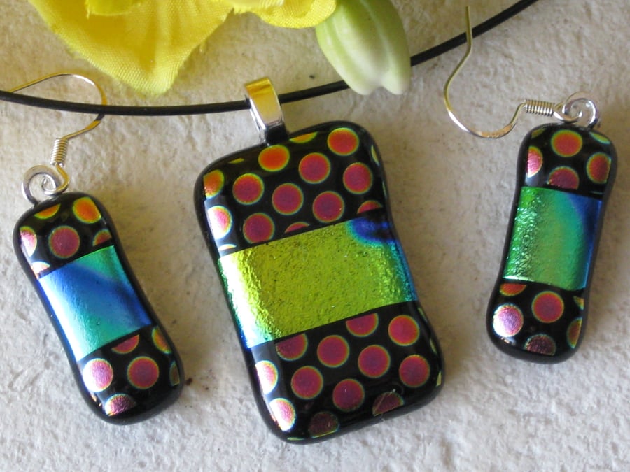Unique fused dichroic glass pendant necklace and  earrings set