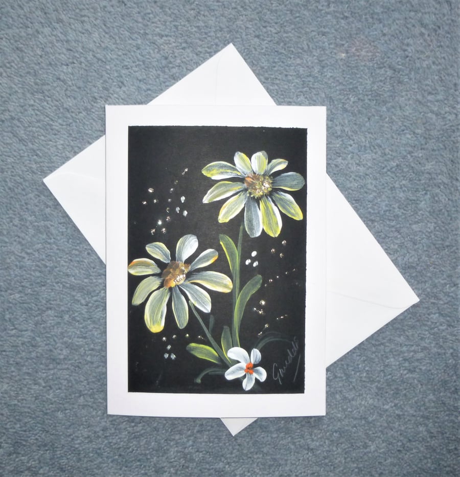 hand painted floral daisy blank greetings card ( ref F368.K2 )