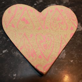 Handmade ceramic valentine heart dish decoration with pink heart detail 