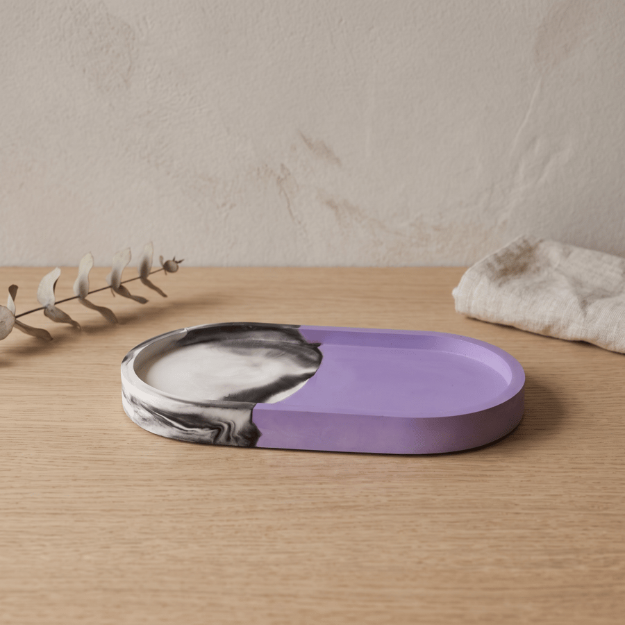 Purple Black and White Marbled Oval Jewellery Tray, Decorative Catchall Dish