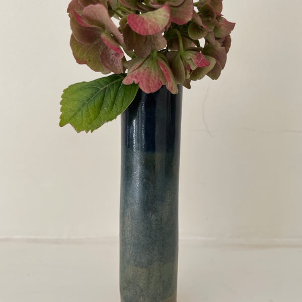 Hand built sea blue bud vase