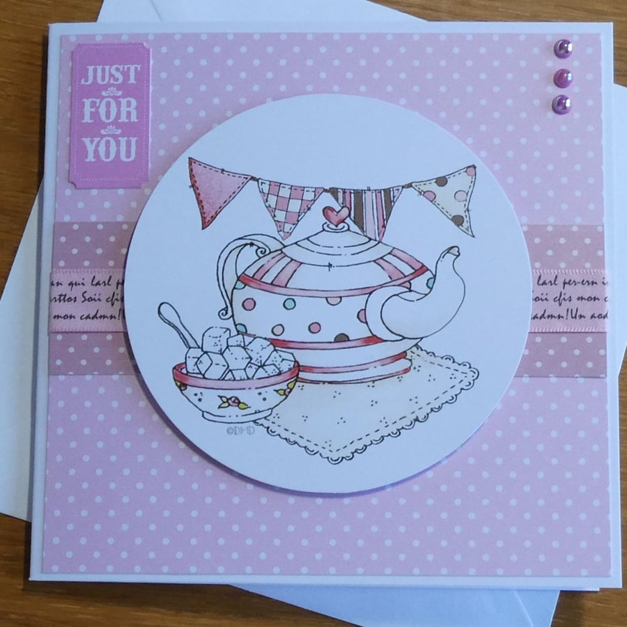 Teapot and Bunting Card Pink Polka Dot - Mothers Day, Birthday, Retirement