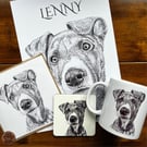 Pet Portraits Personalised Gifts Set Dog Drawing on Mug, Coaster, Card and Print