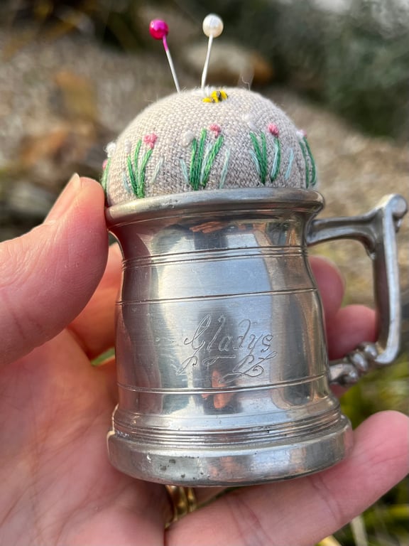 Pincushion in a vintage miniature pewter tankard