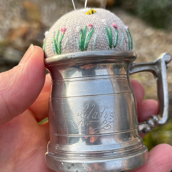 Pincushion in a vintage miniature pewter tankard