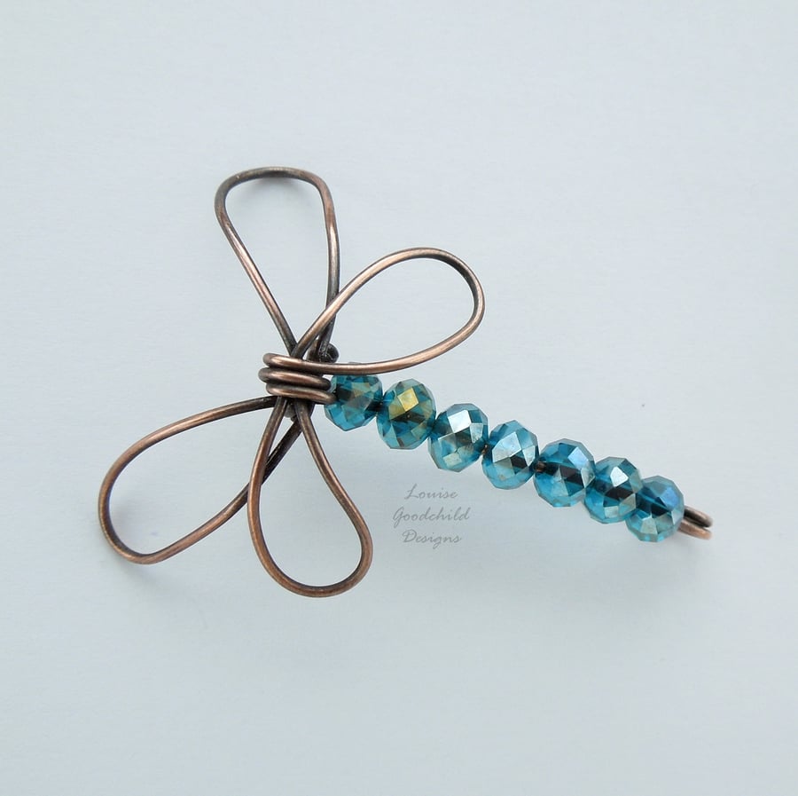 Dragonfly brooch, teal dragonfly, copper brooch, turquoise dragonfly pin, wire