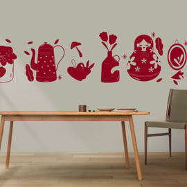 Kitchen Motif Flower Jam Mushroom Matryoshka Tea Dining Vinyl Wall Sticker Art