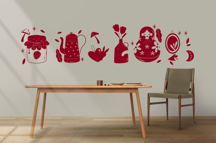 Kitchen Motif Flower Jam Mushroom Matryoshka Tea Dining Vinyl Wall Sticker Art