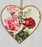 Decoupaged Wooden Hanging Heart 15cm (6”): Pink and Red Roses design
