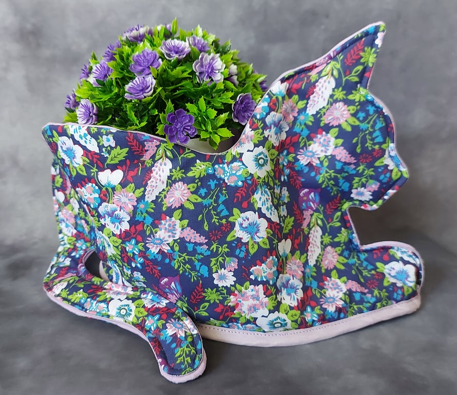 Cat Shaped Fabric Basket –Floral Storage Decor, Gift for Cat Lover