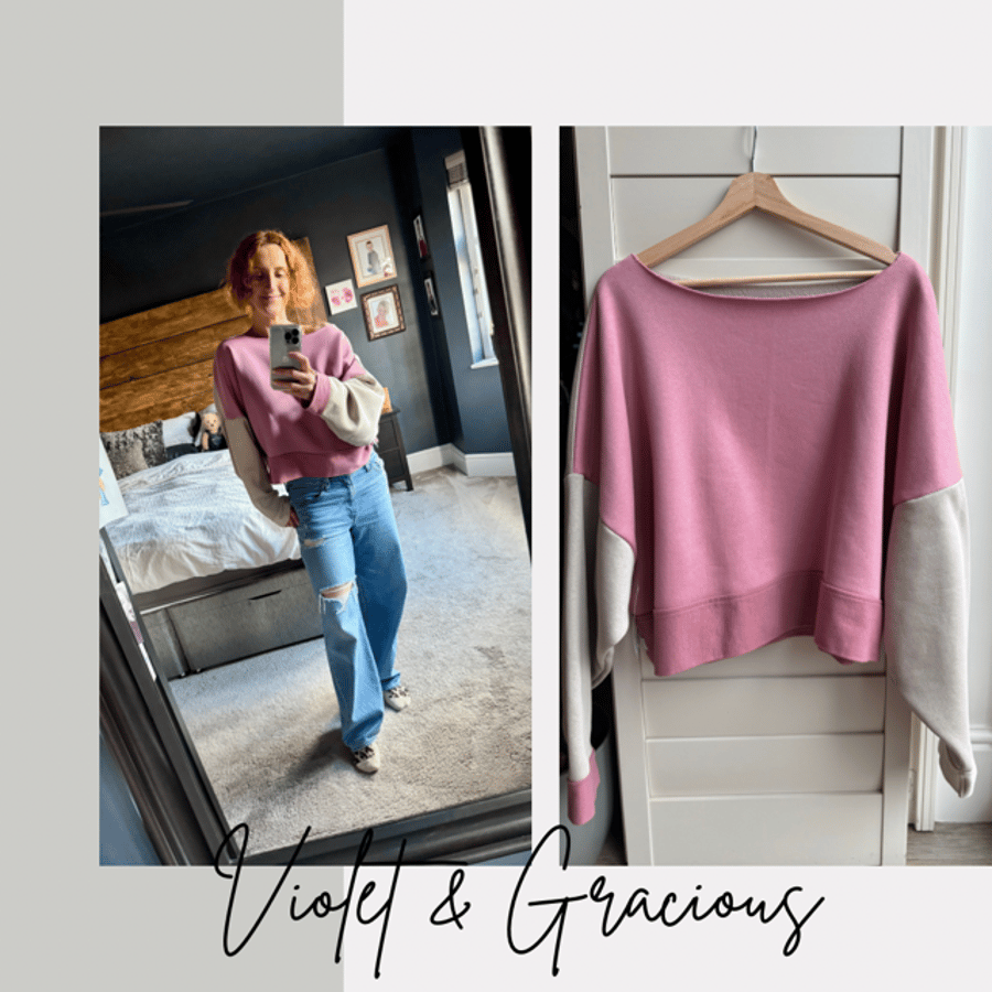 Boyfriend Sweater . Pink and Beige Sweater  . Off The Shoulder Sweater . size 14