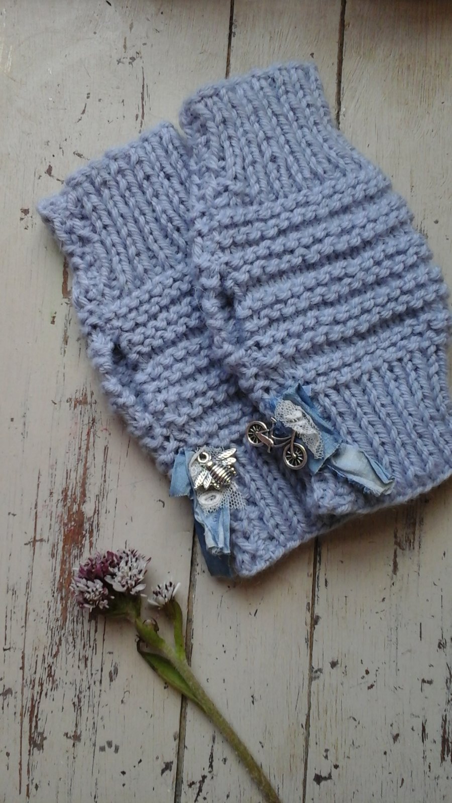 pale blue bicycle and bee  charm mitts