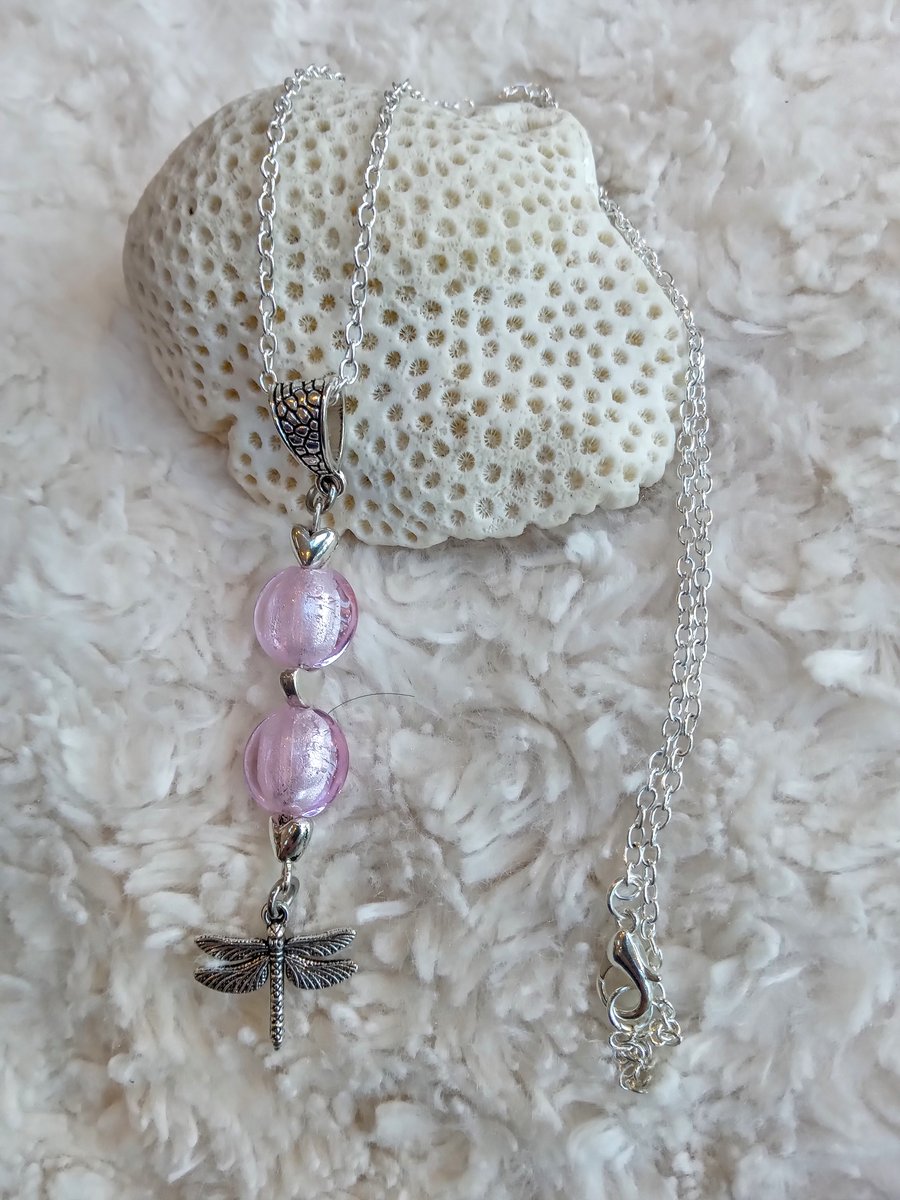 Pink silver-foiled lampwork glass Tibetan silver DRAGONFLY charm necklace