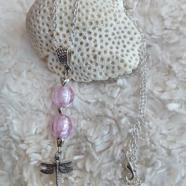 Pink silver-foiled lampwork glass Tibetan silver DRAGONFLY charm necklace