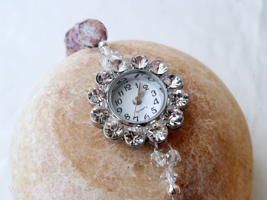 Amethyst and crystal bracelet watch. 