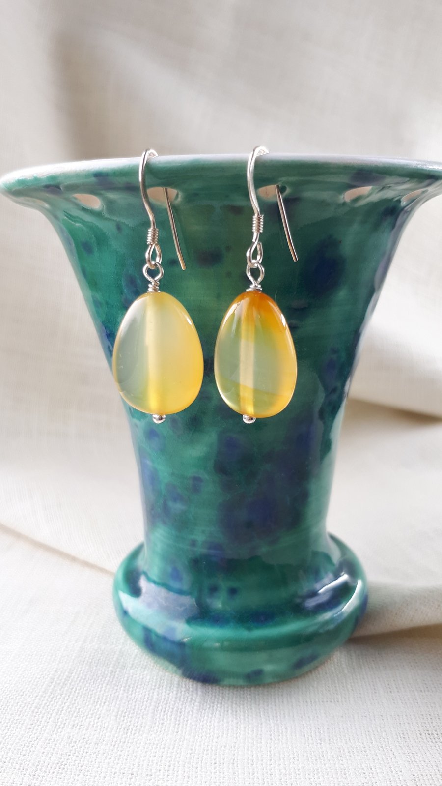 Yellow agate teardrop beads 925 silver earrings
