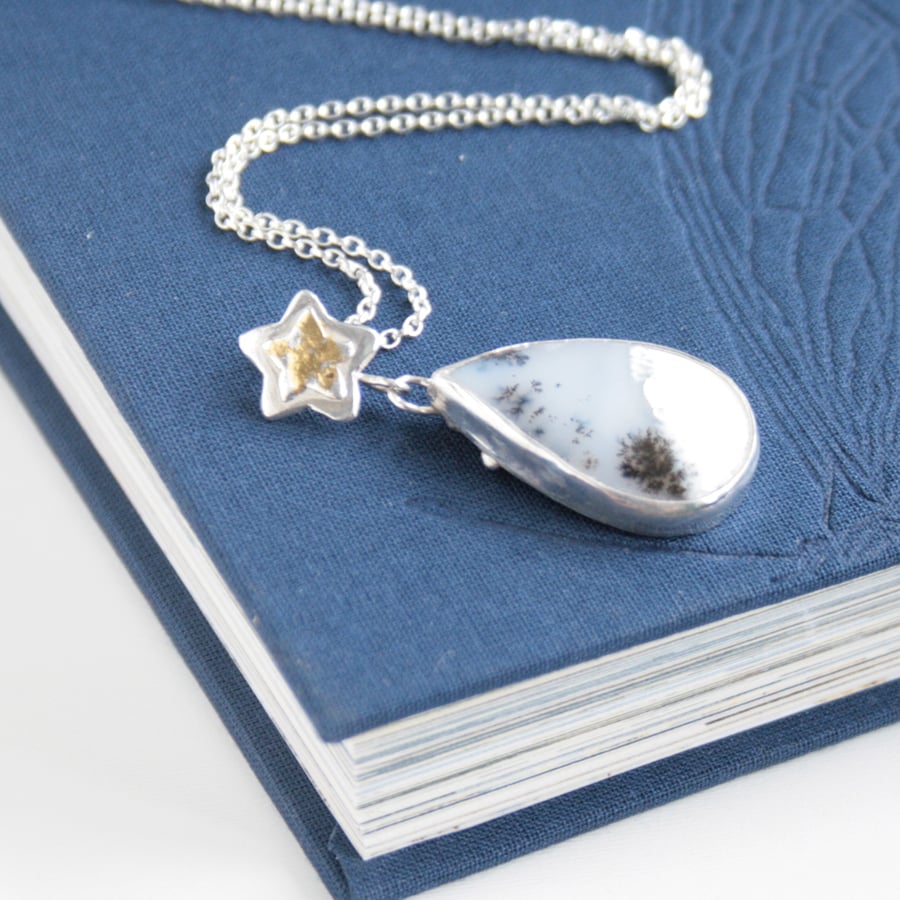 Dendrite opal gemstone necklace, winter season jewellery, star necklace