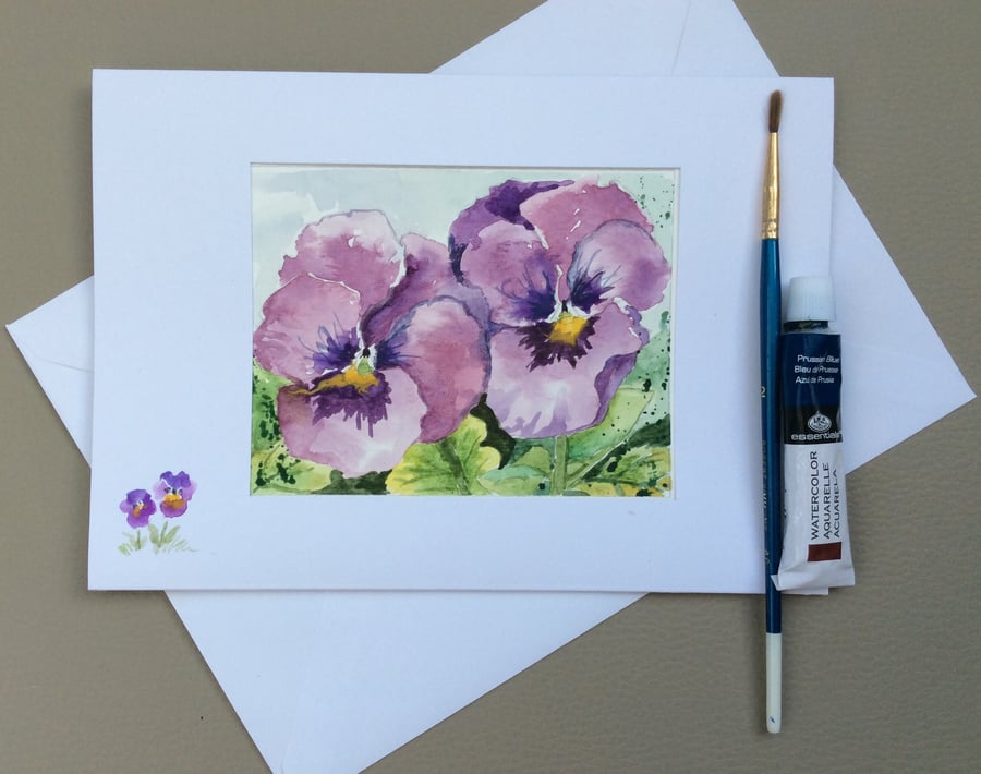 Original watercolour painted greeting card of purple pansies