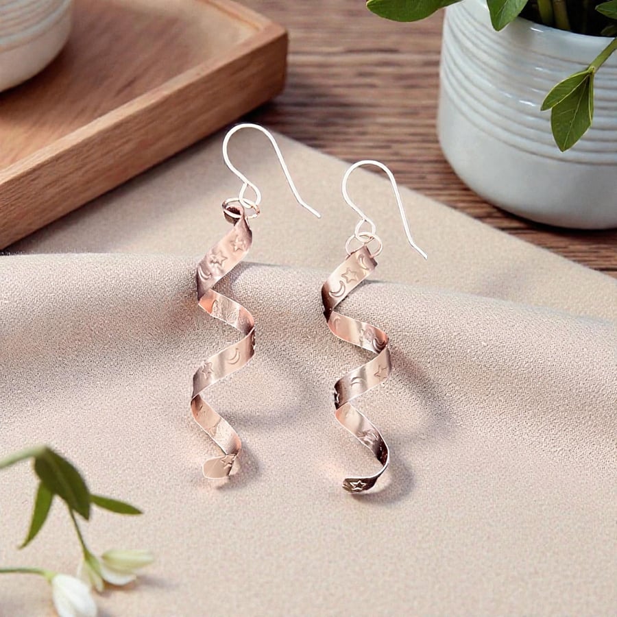 Celestial Copper Spiral Dangle Earrings - Gift, Birthday