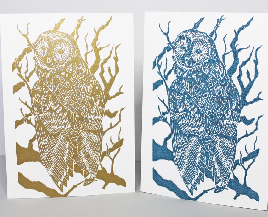 Pack of two handprinted gold and teal Owl cards 