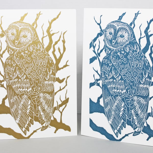 Pack of two handprinted gold and teal Owl cards 
