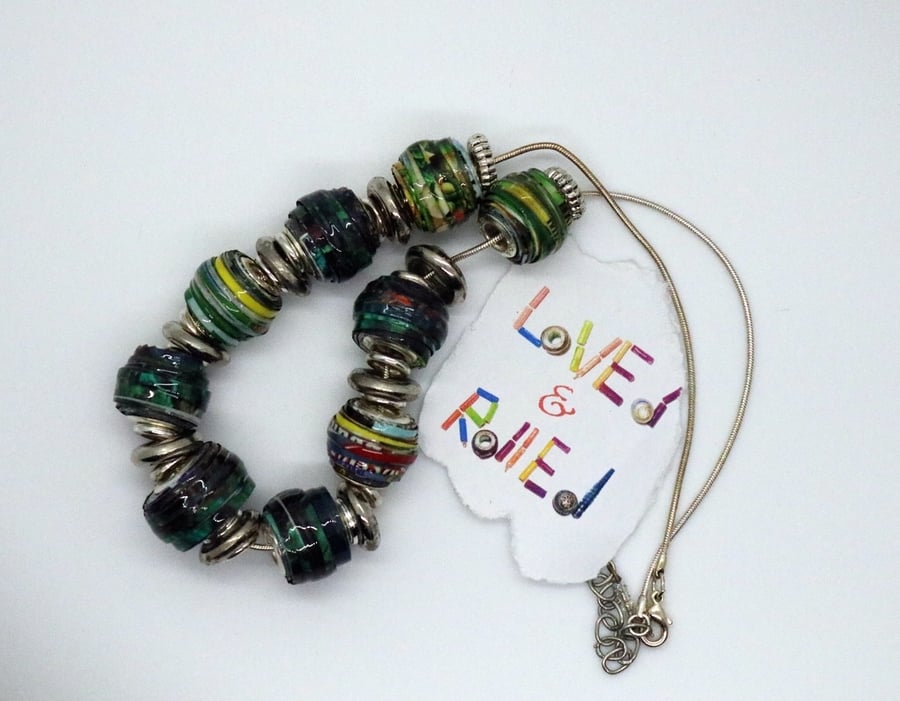 Paper Bead Pandora style necklace multicoloured