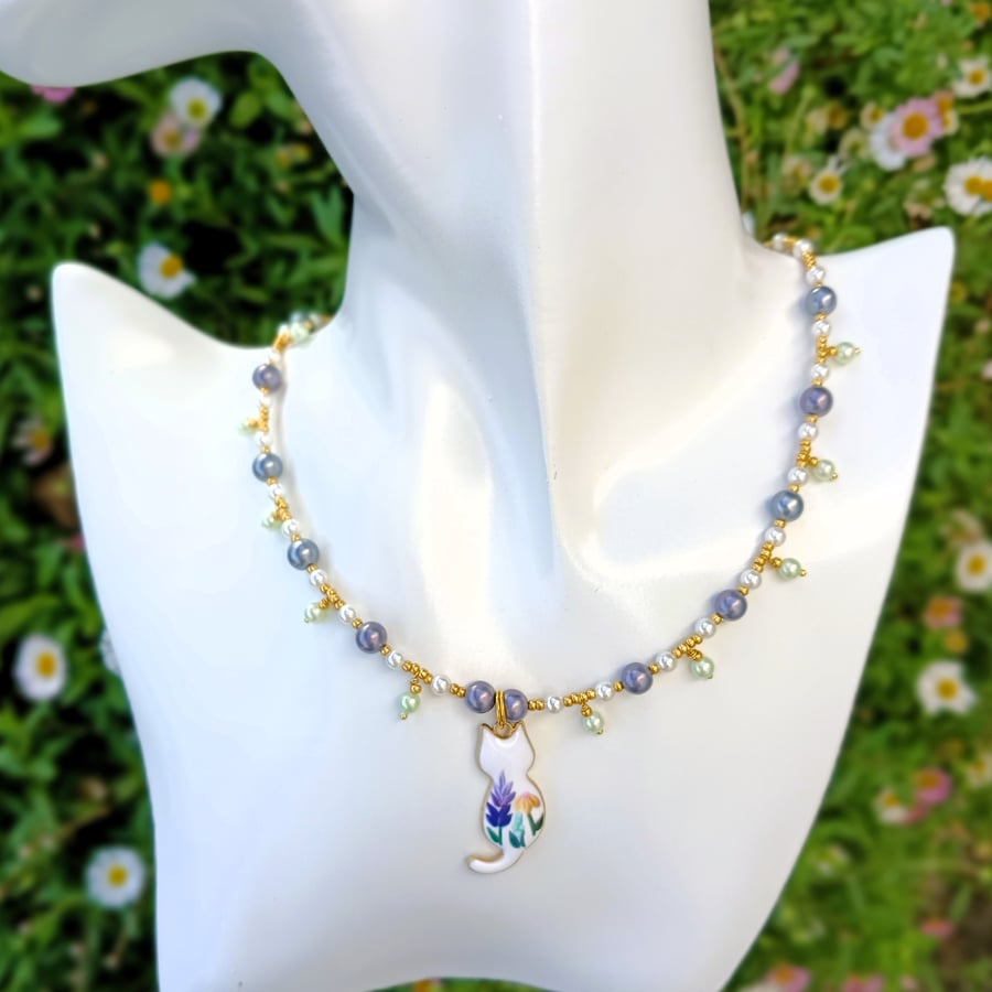 White Floral Enamel Cat Charm & Shell Pearl Beaded Necklace 16-18 inch