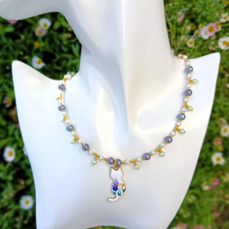 White Floral Enamel Cat Charm & Shell Pearl Beaded Necklace 16-18 inch