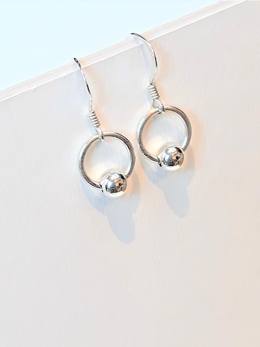 Small Hoop Earrings, Sterling Silver with Single Silver Bead 