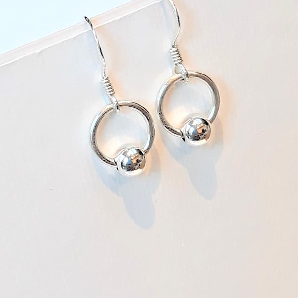 Small Hoop Earrings, Sterling Silver with Single Silver Bead 
