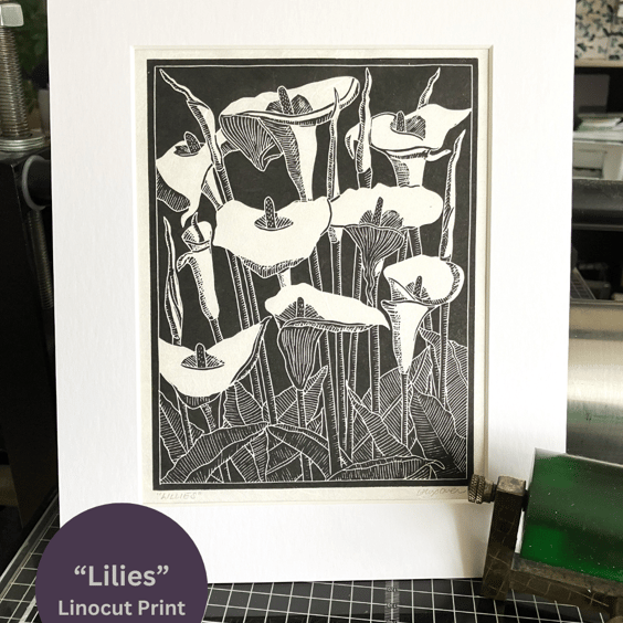 Linocut Print - Lilies - Hand Printed - Flower Art