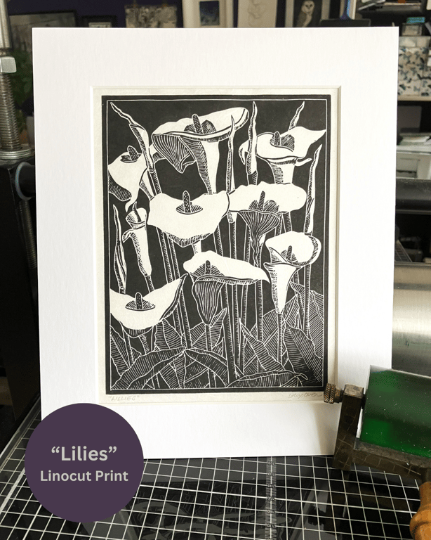Linocut Print - Lilies - Hand Printed - Flower Art