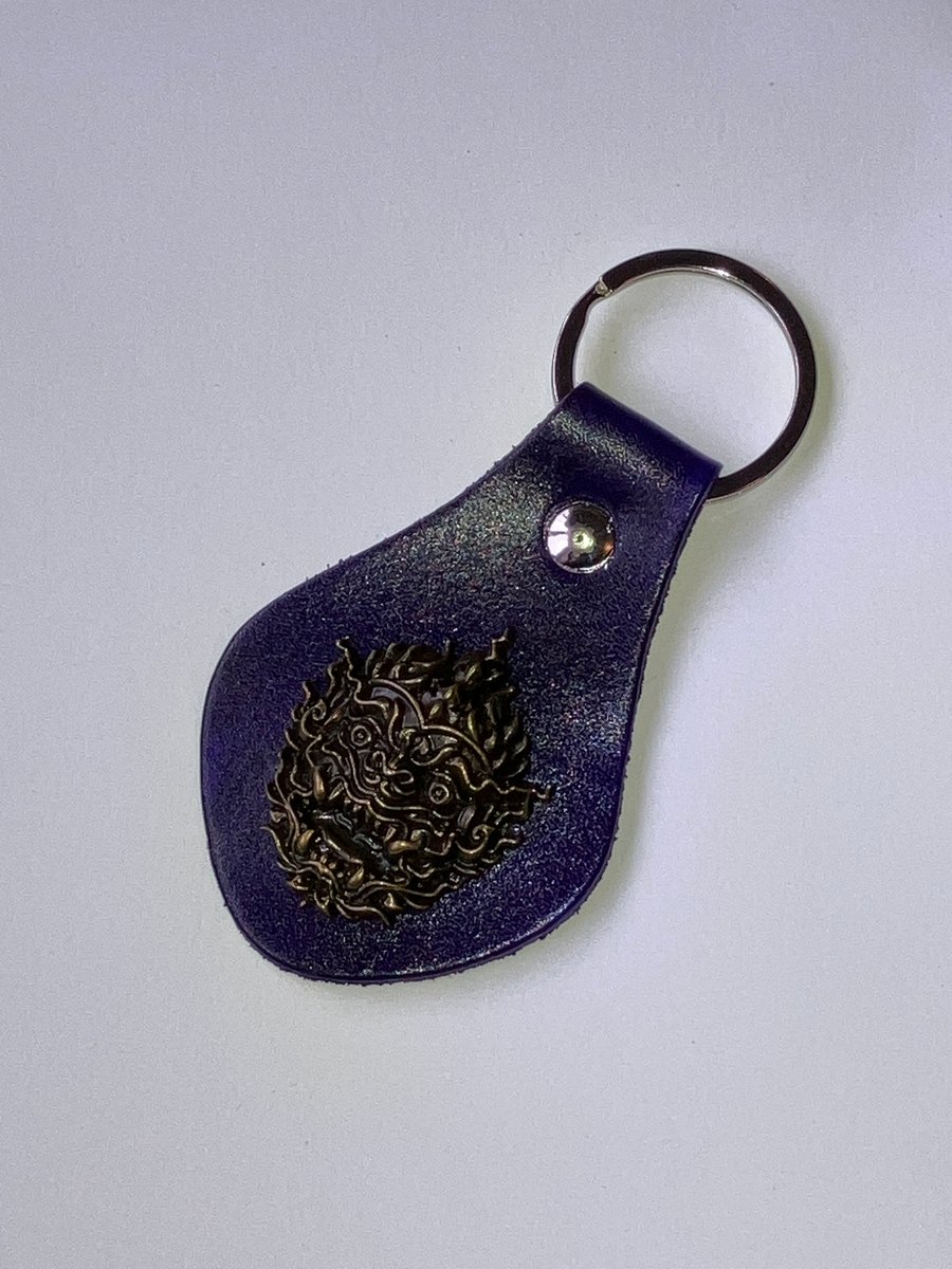 Dark Purple Leather Keyring - Bronze Chinese Mask - FREE SHIPPING