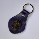 Dark Purple Leather Keyring - Bronze Chinese Mask - FREE SHIPPING