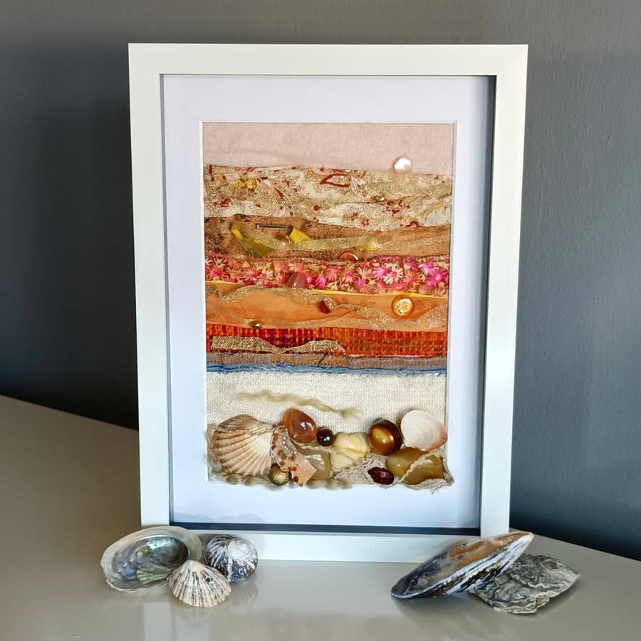 Peach Fuzz Sunset Landscape Seascape Mixed Media Art A4 Recycled Materials