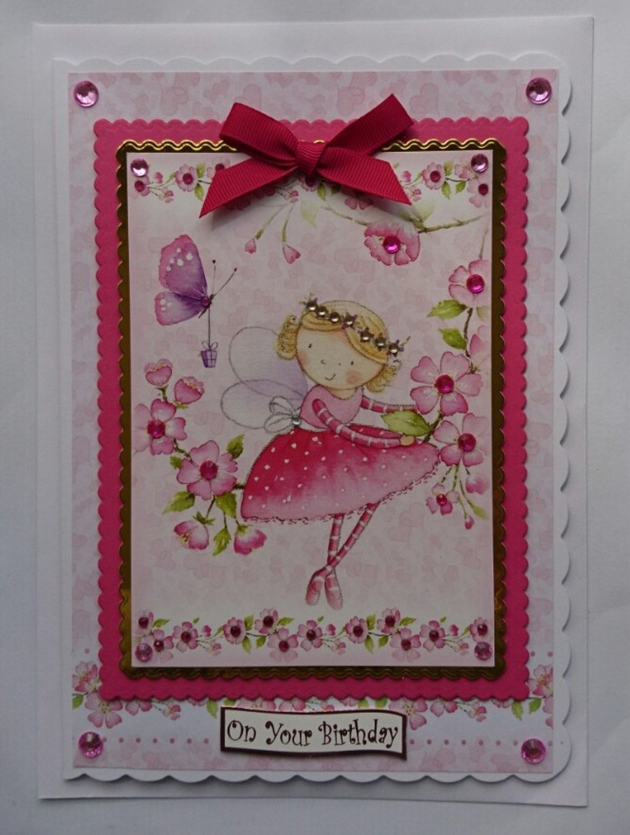 On Your Birthday Card Fairy Wings Girl Teenager Flowers 3D Luxury Handmade Card