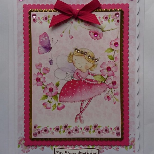 On Your Birthday Card Fairy Wings Girl Teenager Flowers 3D Luxury Handmade Card